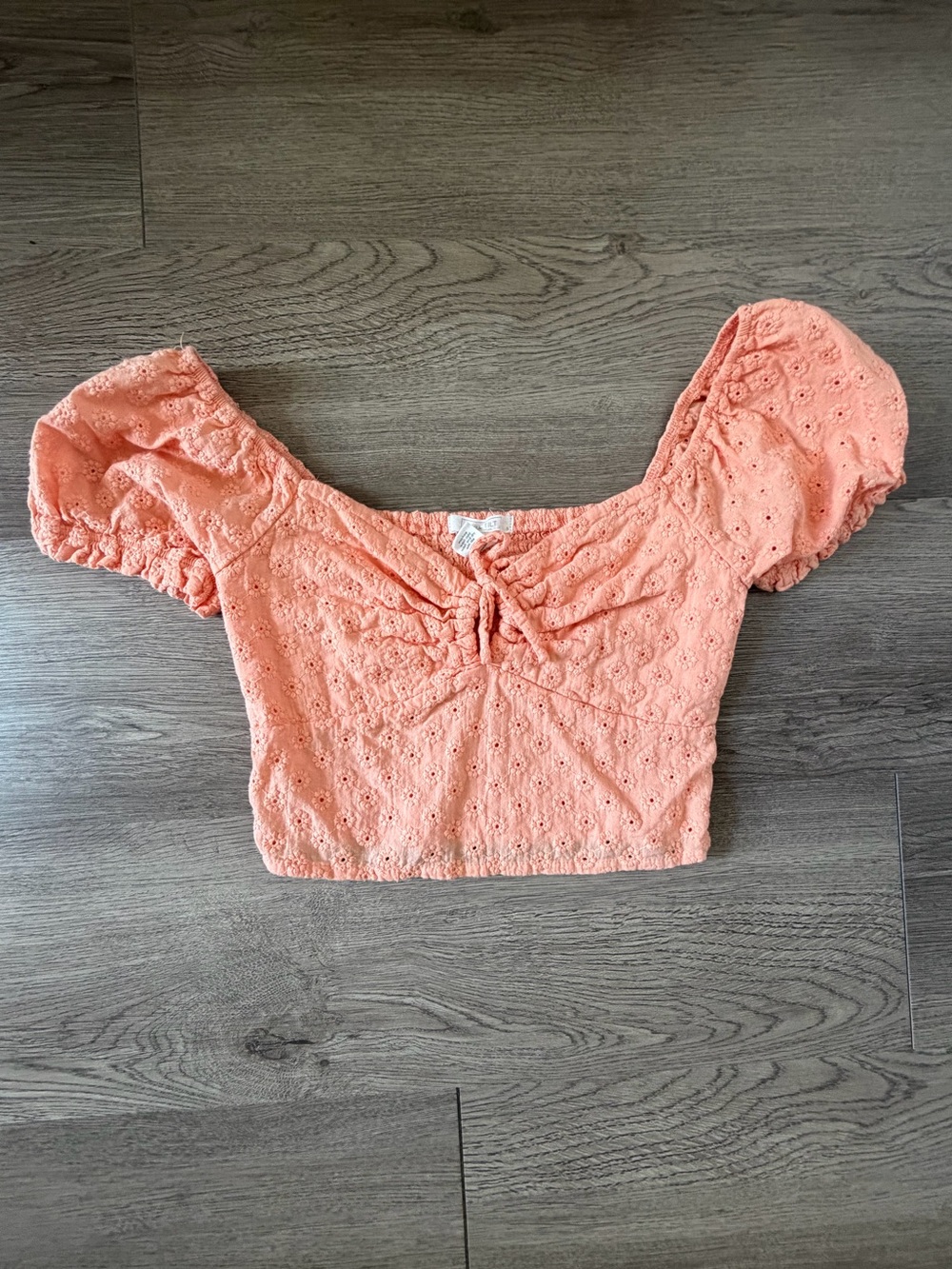 Full Tilt Coral Eyelet Puff-Sleeve Crop Top